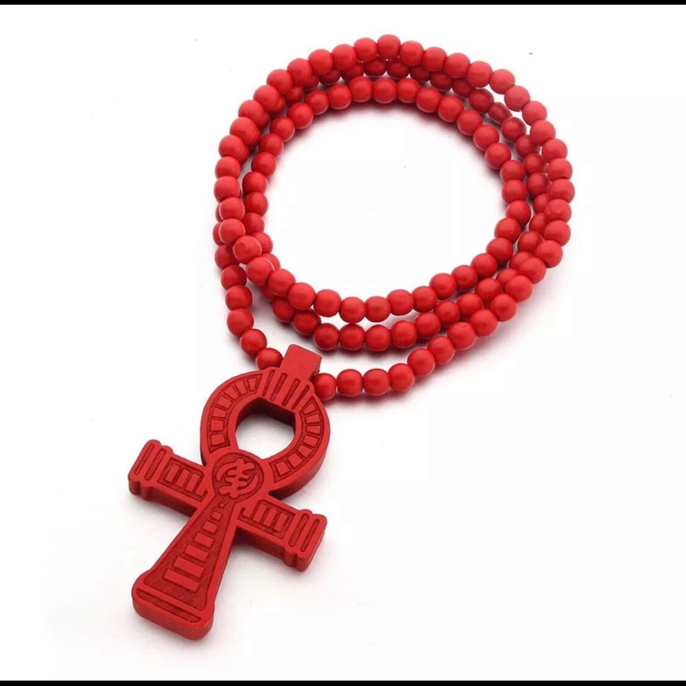 Red Ankh and Adinkra Wood Beaded Necklace